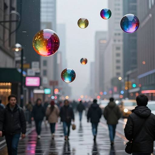 Photograph of a rainy city street with colorful, floating bubble-like orbs, blurred pedestrians, and tall buildings in the background.