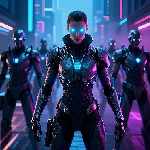Cyberpunk woman with glowing blue eyes and black armored suit, standing confidently in neon-lit futuristic city, surrounded by similarly armored guards. Photoreal