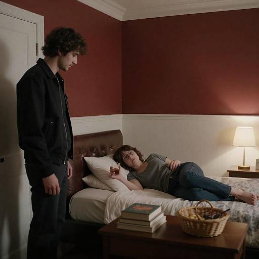 Dimly Lit Bedroom Scene with Couple