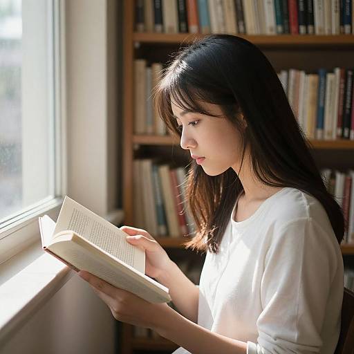 Photograph of an East Asian woman with long black hair, wearing a white shirt, reading a book by sunlight near a window, with a bookshelf