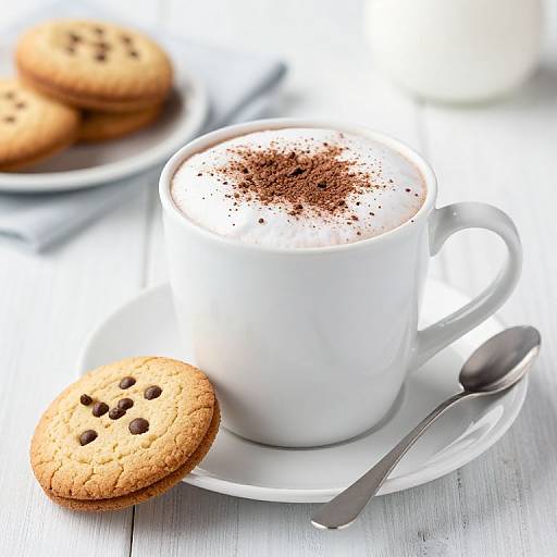 Photograph of a white cup of frothy hot chocolate with cocoa powder, on a saucer, with a spoon and two cookies with chocolate holes,