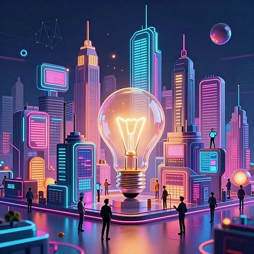 Neon-lit futuristic cityscape with glowing skyscrapers, illuminated by vibrant pink, blue, and purple lights, featuring a large, central glowing