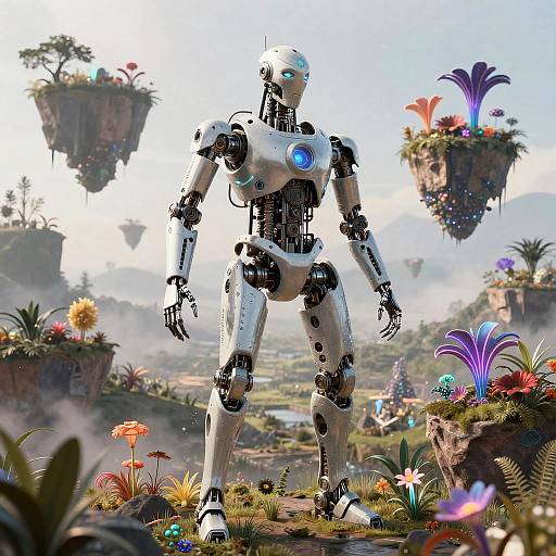 Digital artwork of a white, glowing blue-eyed humanoid robot standing in a vibrant, futuristic floating island garden with colorful flora.