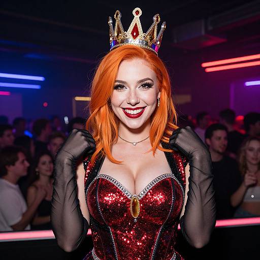 Photograph of a smiling, fair-skinned woman with bright orange hair, wearing a glittery red corset, black gloves, and a gold crown