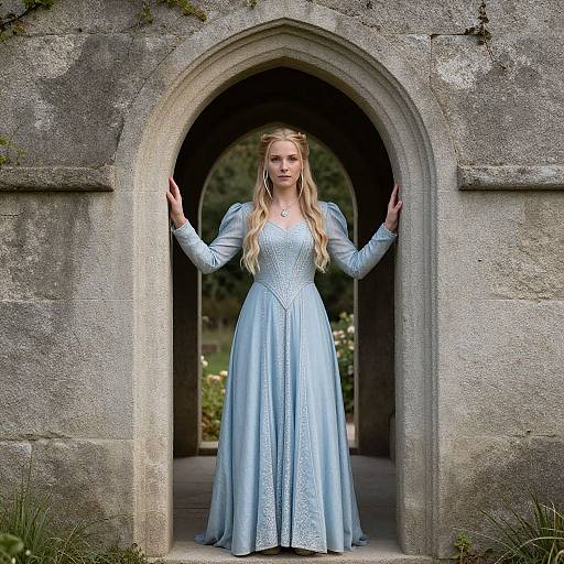 Photorealistic digital artwork of a blonde woman in a light blue, long-sleeved, intricately embroidered gown, standing in a stone archway