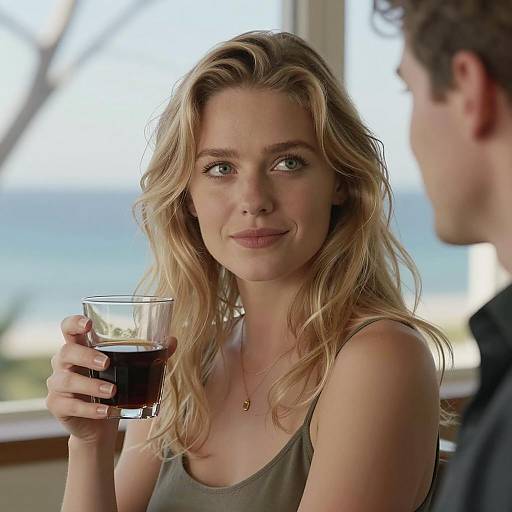 Blonde woman holding drink by ocean window
