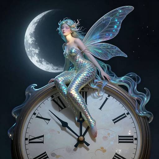 Digital artwork of a shimmering mermaid fairy with iridescent scales and translucent wings, sitting on a large clock, under a glowing crescent moon