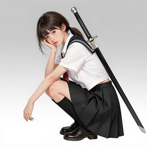 Calm Schoolgirl with Sheathed Sword