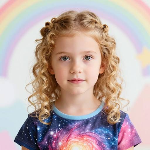 Photograph of a blonde, curly-haired girl with blue eyes, wearing a galaxy-themed shirt, against a radiant, colorful background.