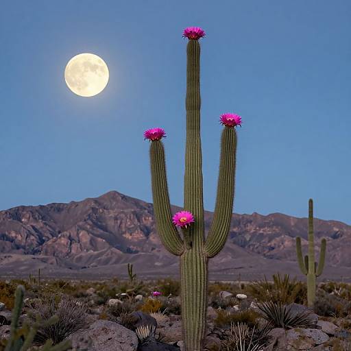 Photograph of a full moon above a tall, green, multi-armed cactus with pink flowers, set against a clear blue sky and rocky desert