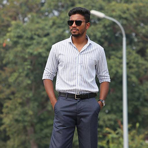 Photograph of a confident, dark-haired man with short beard, wearing black sunglasses, white striped shirt, and dark pants, standing outdoors with hands in