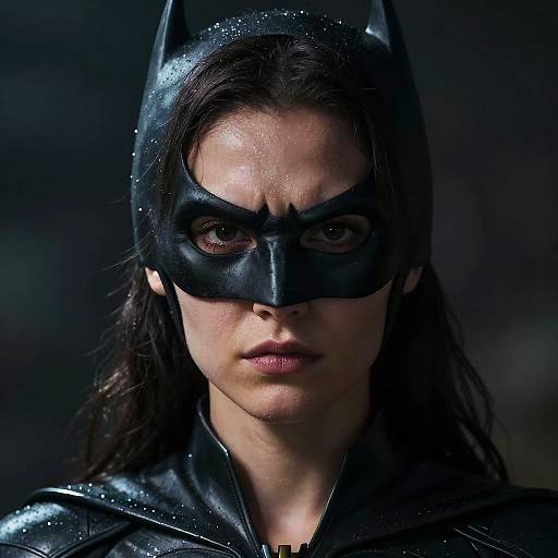 Close-up photograph of a serious-looking woman with fair skin, dark hair, and black Batmask, wearing a shiny black Batman suit, against a dark