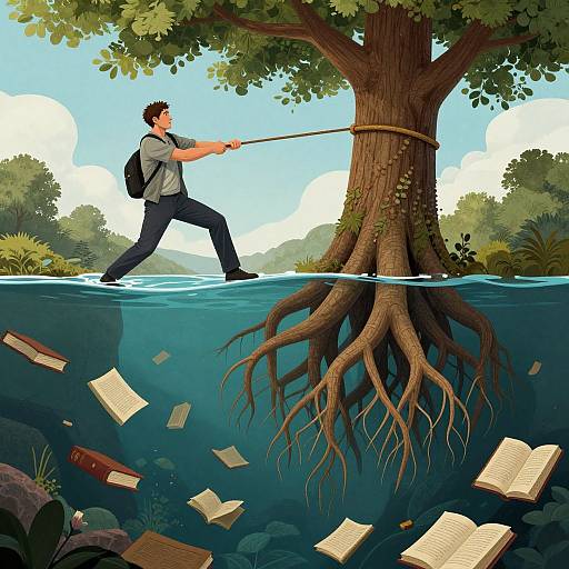 Illustration: Man with backpack, gray shirt, and black pants pulls rope tied to tree, underwater roots, floating books, vibrant forest background.