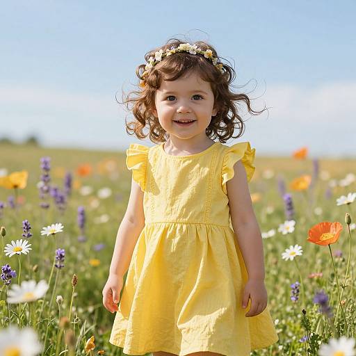 Joyful Child in Sunny Flower Meadow