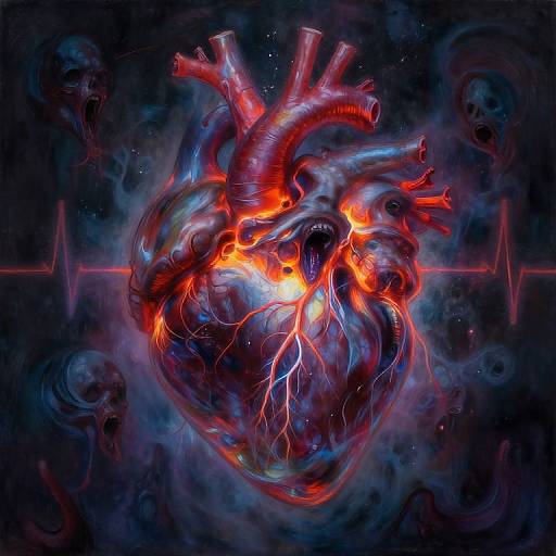 Digital artwork of a vibrant, glowing human heart with red and blue veins, surrounded by cosmic smoke and skulls, set against a dark, starry background