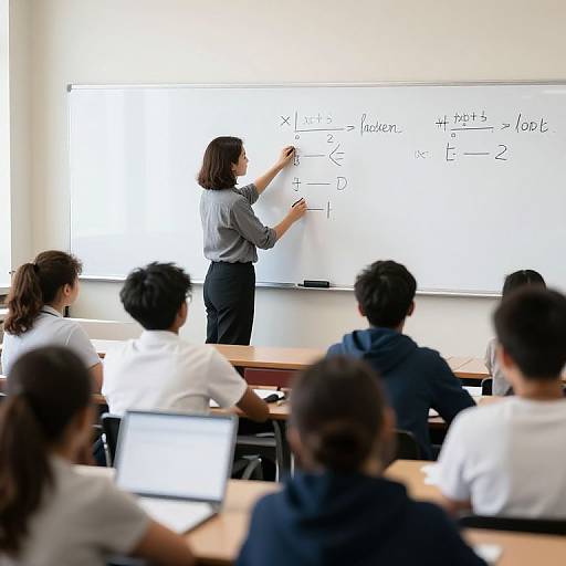 Photograph of a female teacher writing on a whiteboard in a brightly lit classroom, with students seated at desks, laptops open.