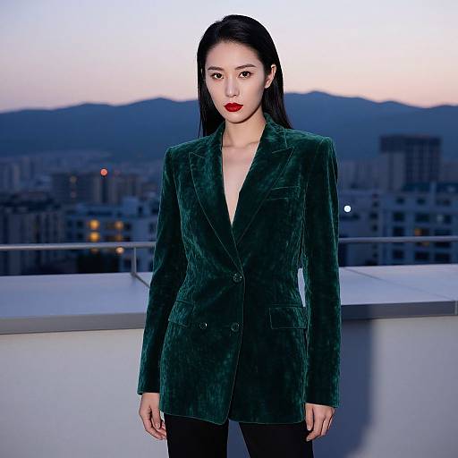 Photograph of an Asian woman with straight black hair, red lipstick, wearing a dark green velvet blazer, standing on a rooftop at dusk with city