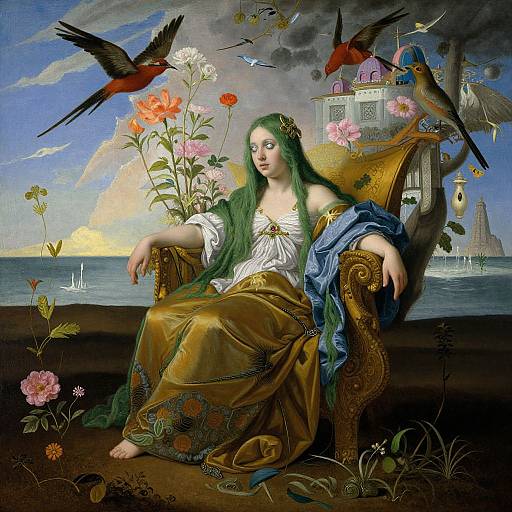Digital painting of a green-haired woman in a golden gown, seated on an ornate chair, surrounded by flowers, birds, and a castle. Dream
