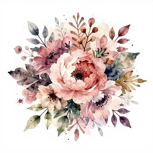 Watercolor floral bouquet featuring pink roses, red and purple flowers, green leaves, and small berries, on a white background.