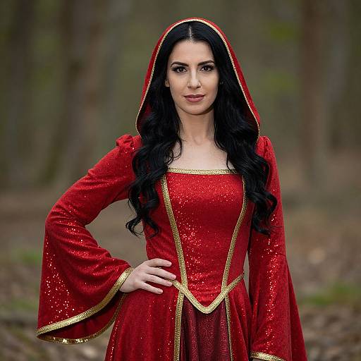 Photograph of a fair-skinned woman with long black hair, wearing a sparkling red medieval-style dress with gold trim, and a red hood, standing