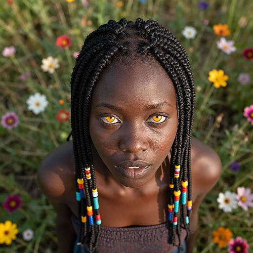 Photograph of a dark-skinned woman with glowing amber eyes, braided hair with colorful beads, standing in a vibrant flower garden.
