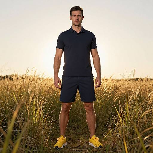Photograph of a muscular, tan-skinned man with short dark hair, wearing a black polo and shorts, yellow sneakers, standing in a sunlit