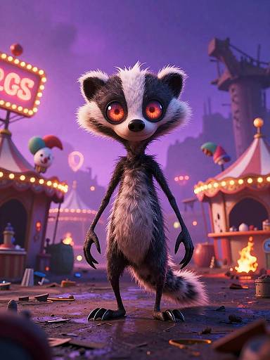 CGI cartoon raccoon with bright red eyes, black-and-white fur, standing in a vibrant, neon-lit carnival at night, with circus tents