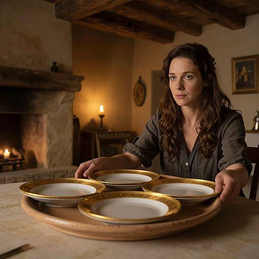 Photograph of a woman with long brown hair, wearing a dark button-up shirt, placing gold-rimmed white plates on a rustic wooden table in