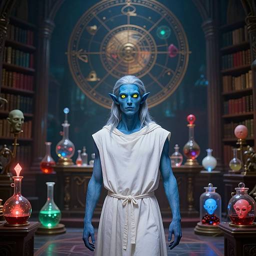 Photograph of a blue-skinned, yellow-eyed, elven woman with long white hair, wearing a white robe, standing in a dimly lit