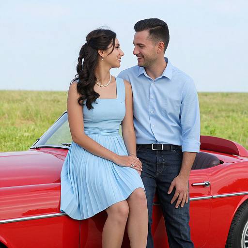 Photograph of a smiling couple, woman in light blue dress, man in light blue shirt, sitting on a red convertible in a grassy field.