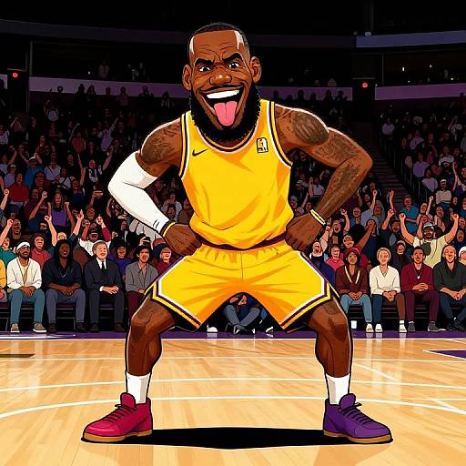 Cartoon-style drawing of a muscular Black basketball player in a yellow uniform, standing confidently on a basketball court, with a cheering crowd in the background.