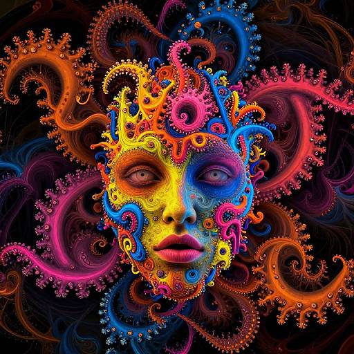 Digital art: Vibrant, colorful, abstract face with gears, swirls, and neon hues, blending yellow, blue, pink, and orange,