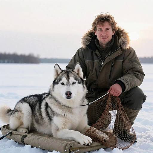 Man and Husky in Snowy Landscape
