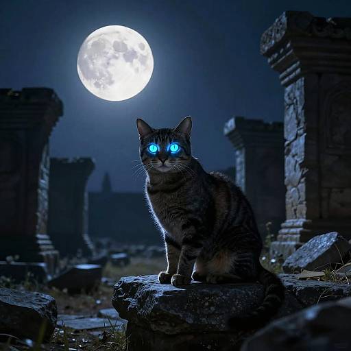 Glowing-Eyed Cats on Ancient Ruins