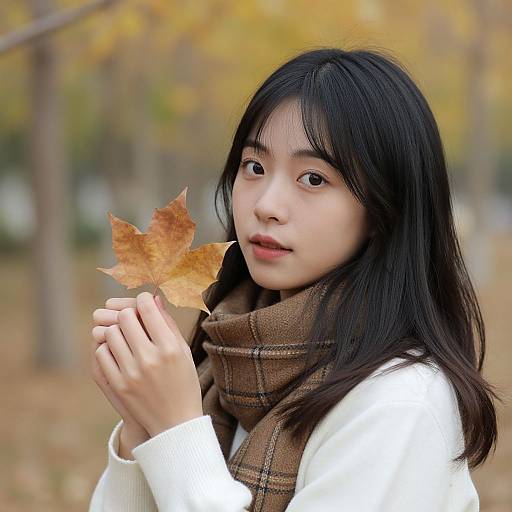 Photograph of an East Asian woman with long black hair, holding a brown autumn leaf, wearing a brown plaid scarf and white sweater, in a