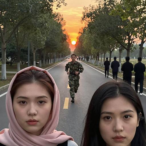Sunset with Women and Soldier Running on Tree-Lined Road
