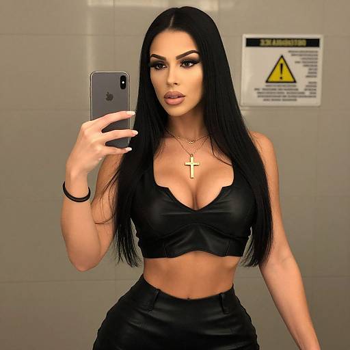 Photograph of a brunette woman with long hair, wearing a black leather crop top and skirt, taking a mirror selfie in a tiled room, with a
