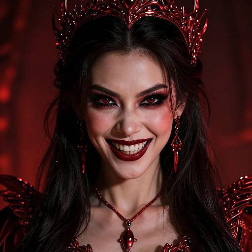 Photograph of a smiling woman with pale skin, dark red makeup, black hair, red crown, dark lipstick, red earrings, and necklace, set