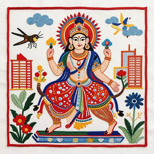 Vibrant Hindu deity illustration: adorned goddess with multi-colored attire, red and blue sari, gold jewelry, holding flowers, surrounded by bird,