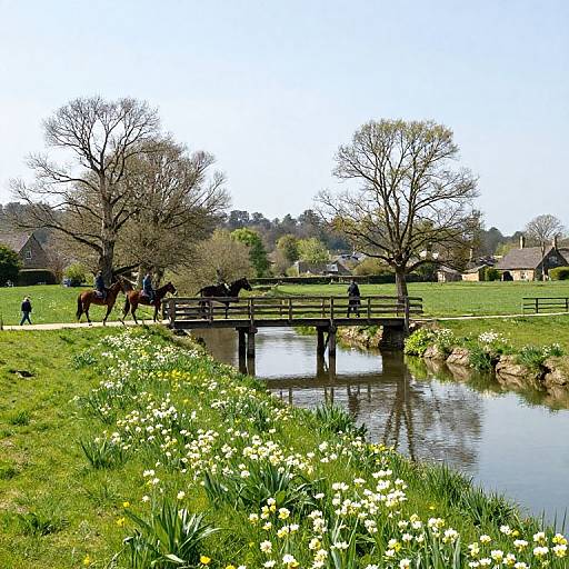 Photograph of a rural landscape with a wooden bridge over a stream, horseback riders, daffodils, and leafless trees under a clear