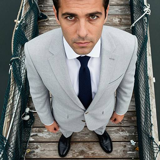 Photograph of a serious-looking man in a light gray suit, black tie, and black shoes, standing on a wooden, fenced bridge. Overhead