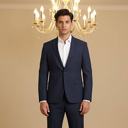 Photograph of a young man with short, dark hair, wearing a dark navy suit and white shirt, standing in front of a chandelier in a