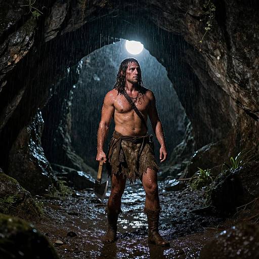 Photograph of a muscular, shirtless man with long, wet hair, wearing a tattered loincloth and boots, standing in a dark,