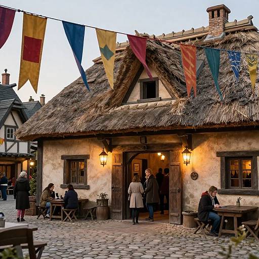 Photograph of a quaint, rustic village with a thatched-roof cottage, colorful bunting, cobblestone street, and people socializing outside