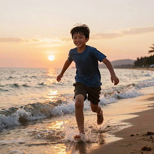 Joyful Boy Running on Sunset Beach