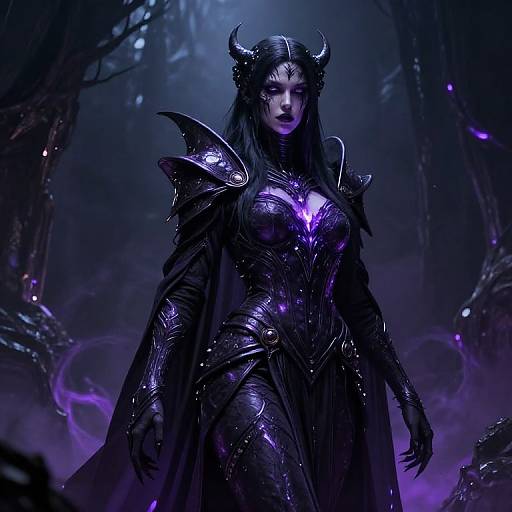 Digital artwork of a dark, powerful female demon warrior with black horns, glowing purple chest emblem, and intricate black armor in a mystical, purple-ting