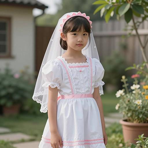 Young Girl in Traditional White Dress with Pink Trim