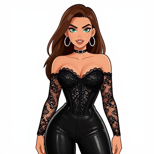 Digital drawing of a confident woman with long brown hair, green eyes, wearing a black lace off-shoulder corset and leather pants, large hoop