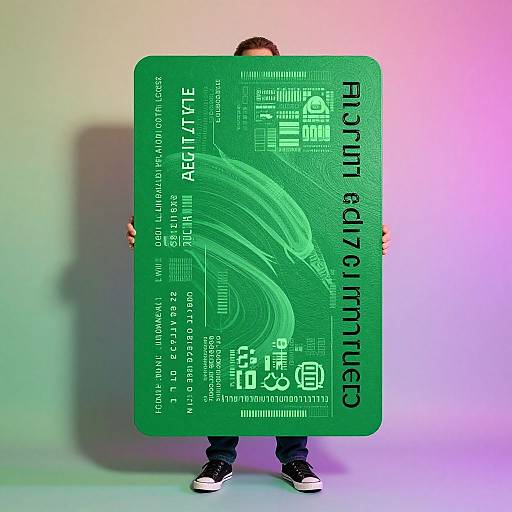 Photograph of a person holding a large green cryptocurrency mining contract card, standing against a colorful gradient background, wearing black pants and white sneakers.