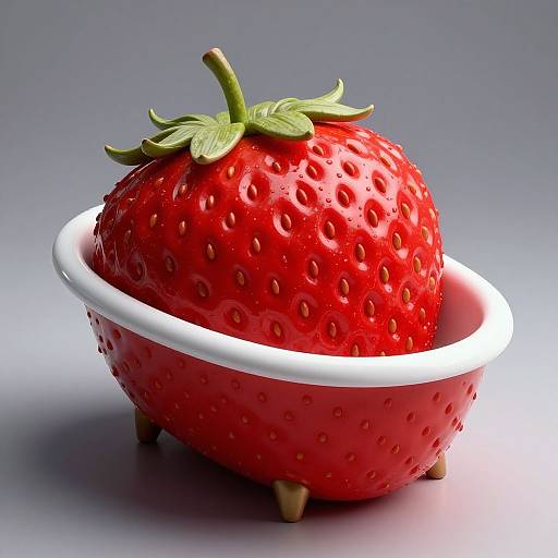 Photograph of a large, red, seed-speckled strawberry sitting in a small, red, white-rimmed, clawfoot bathtub on a